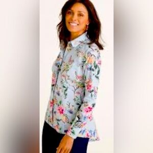 CHICO’S  Sz 3 (Vanity) Butterfly Floral Button Down High Low Long Sleeves Blouse